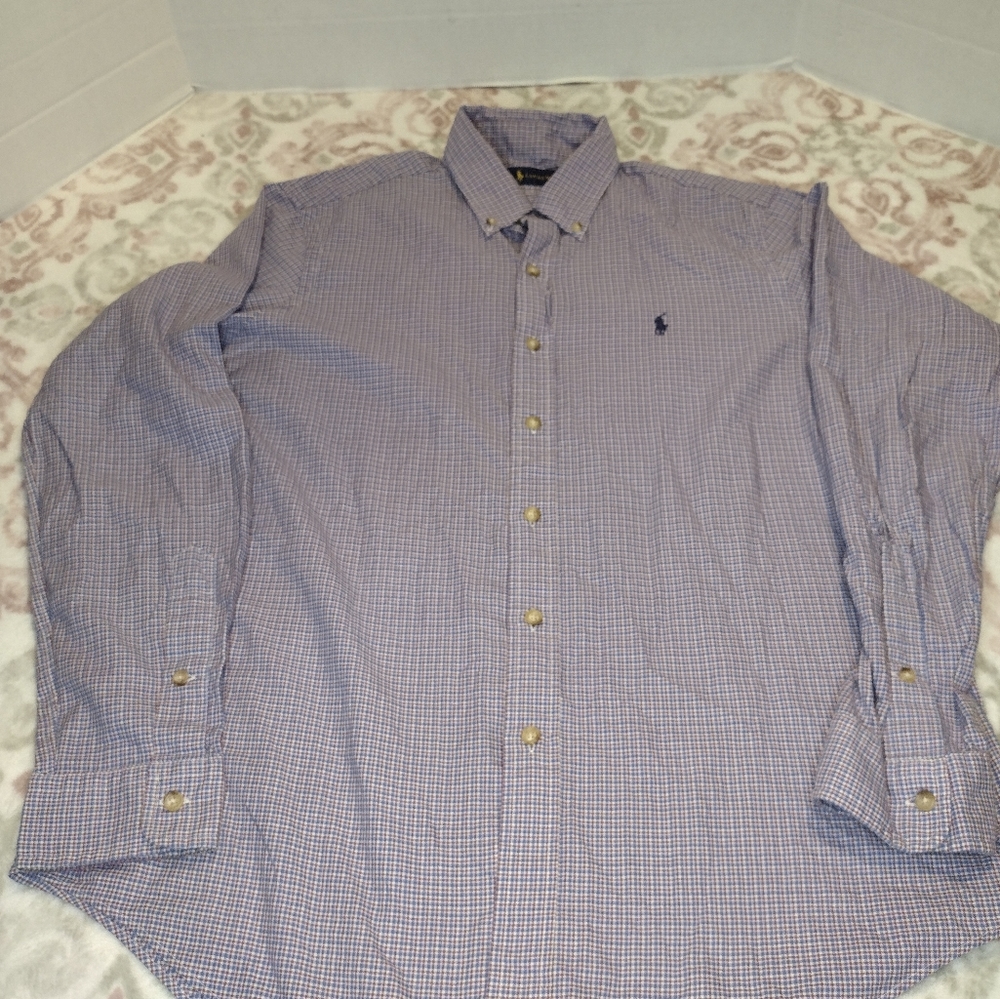 Ralph Lauren Men's Large Button Down Blue Purple White Checkered Used